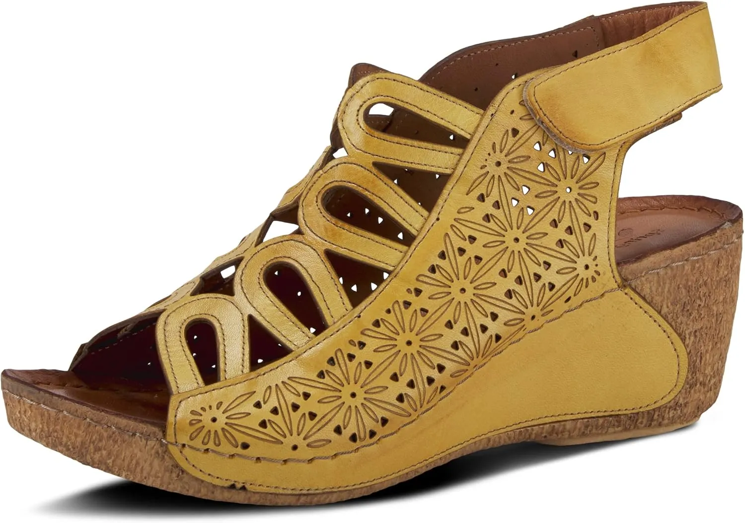 Spring Step Inocencia Women's Leather Wedge Sandals | Low Heel Sandals for Women with Floral Laser Cut Design, Hook and Loop Strap, Mediterranean Style