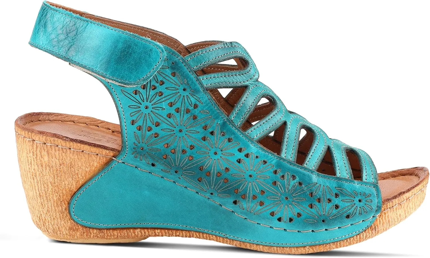 Spring Step Inocencia Women's Leather Wedge Sandals | Low Heel Sandals for Women with Floral Laser Cut Design, Hook and Loop Strap, Mediterranean Style