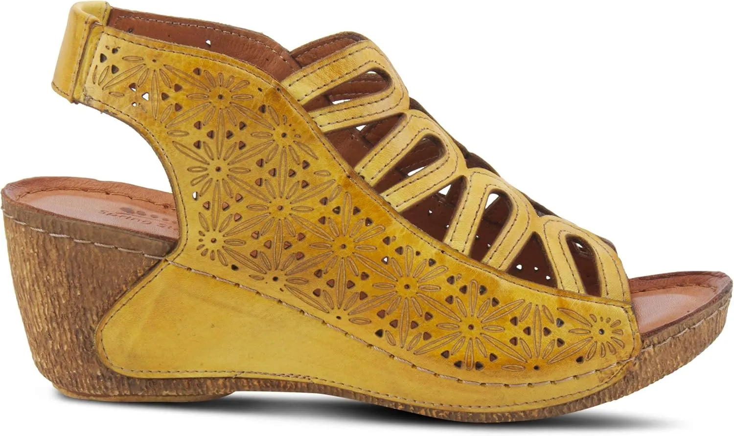 Spring Step Inocencia Women's Leather Wedge Sandals | Low Heel Sandals for Women with Floral Laser Cut Design, Hook and Loop Strap, Mediterranean Style