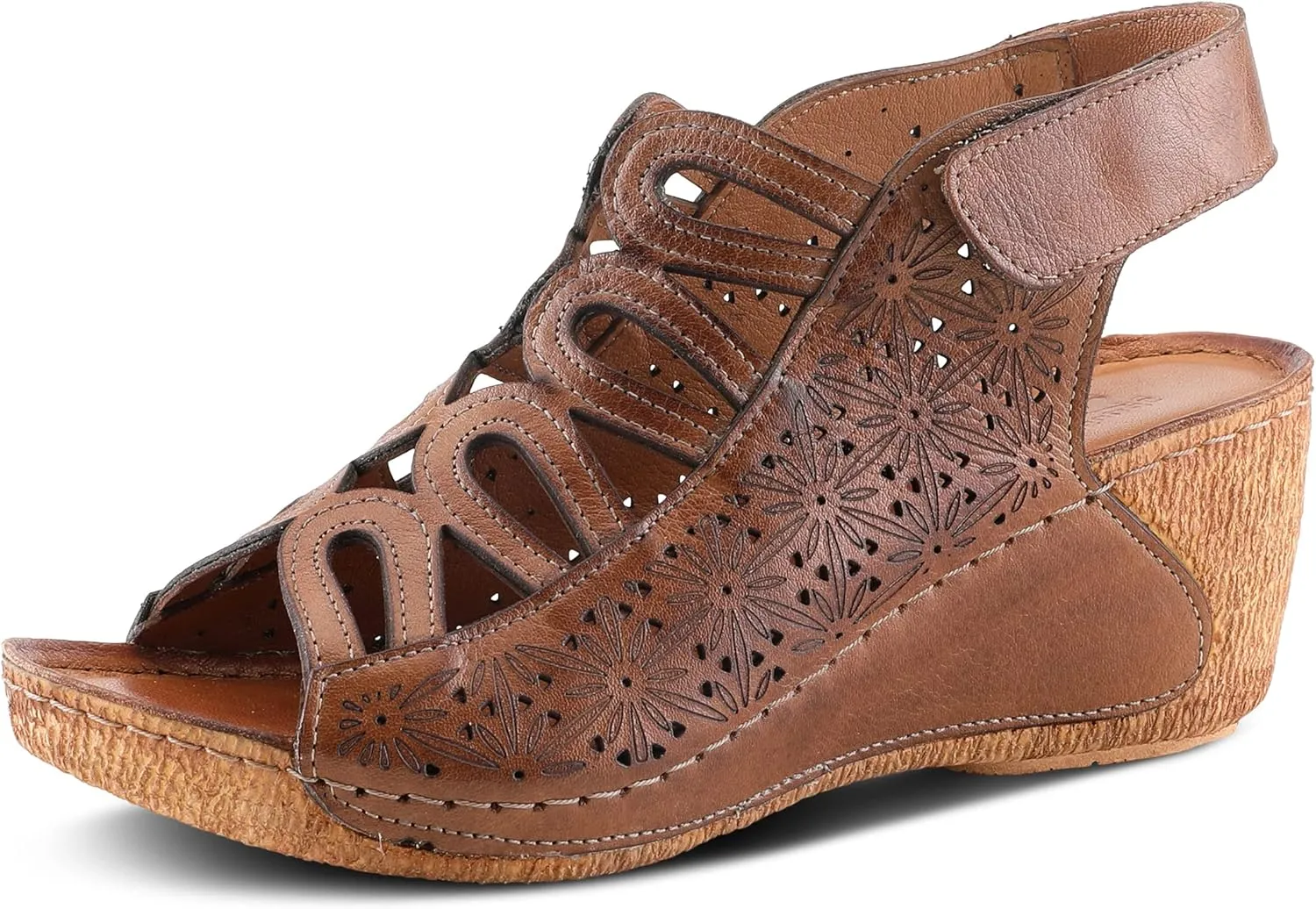 Spring Step Inocencia Women's Leather Wedge Sandals | Low Heel Sandals for Women with Floral Laser Cut Design, Hook and Loop Strap, Mediterranean Style