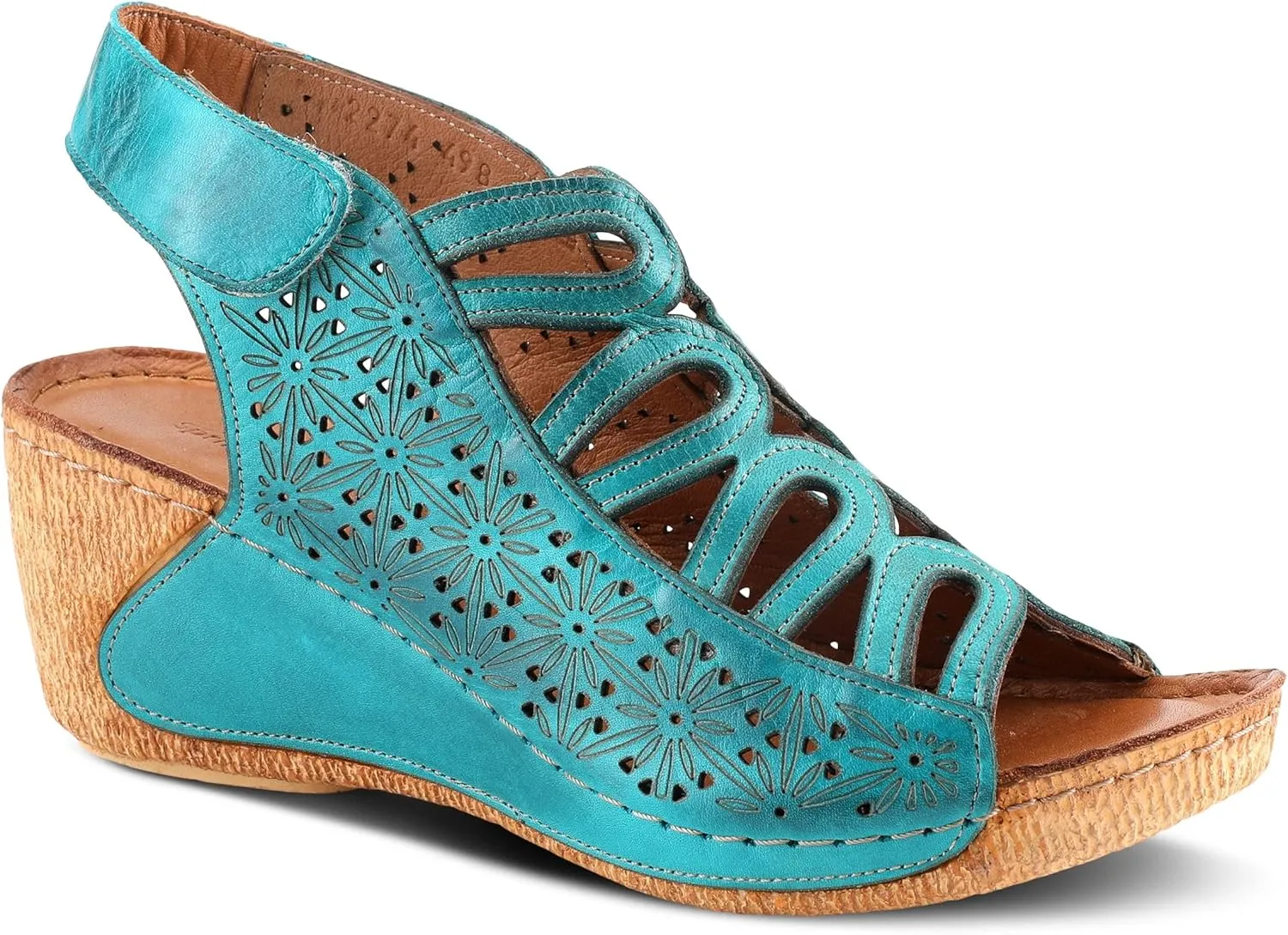 Spring Step Inocencia Women's Leather Wedge Sandals | Low Heel Sandals for Women with Floral Laser Cut Design, Hook and Loop Strap, Mediterranean Style