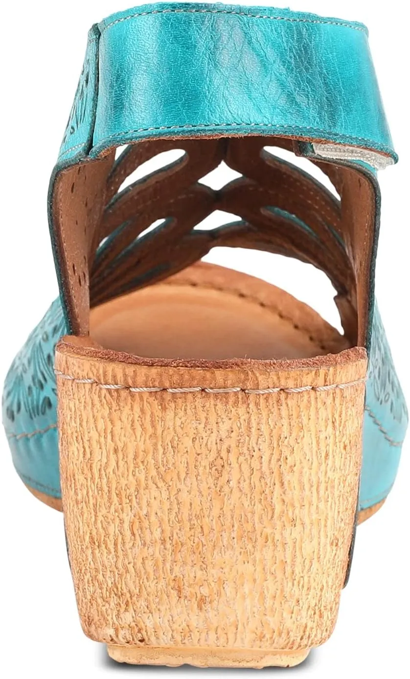 Spring Step Inocencia Women's Leather Wedge Sandals | Low Heel Sandals for Women with Floral Laser Cut Design, Hook and Loop Strap, Mediterranean Style