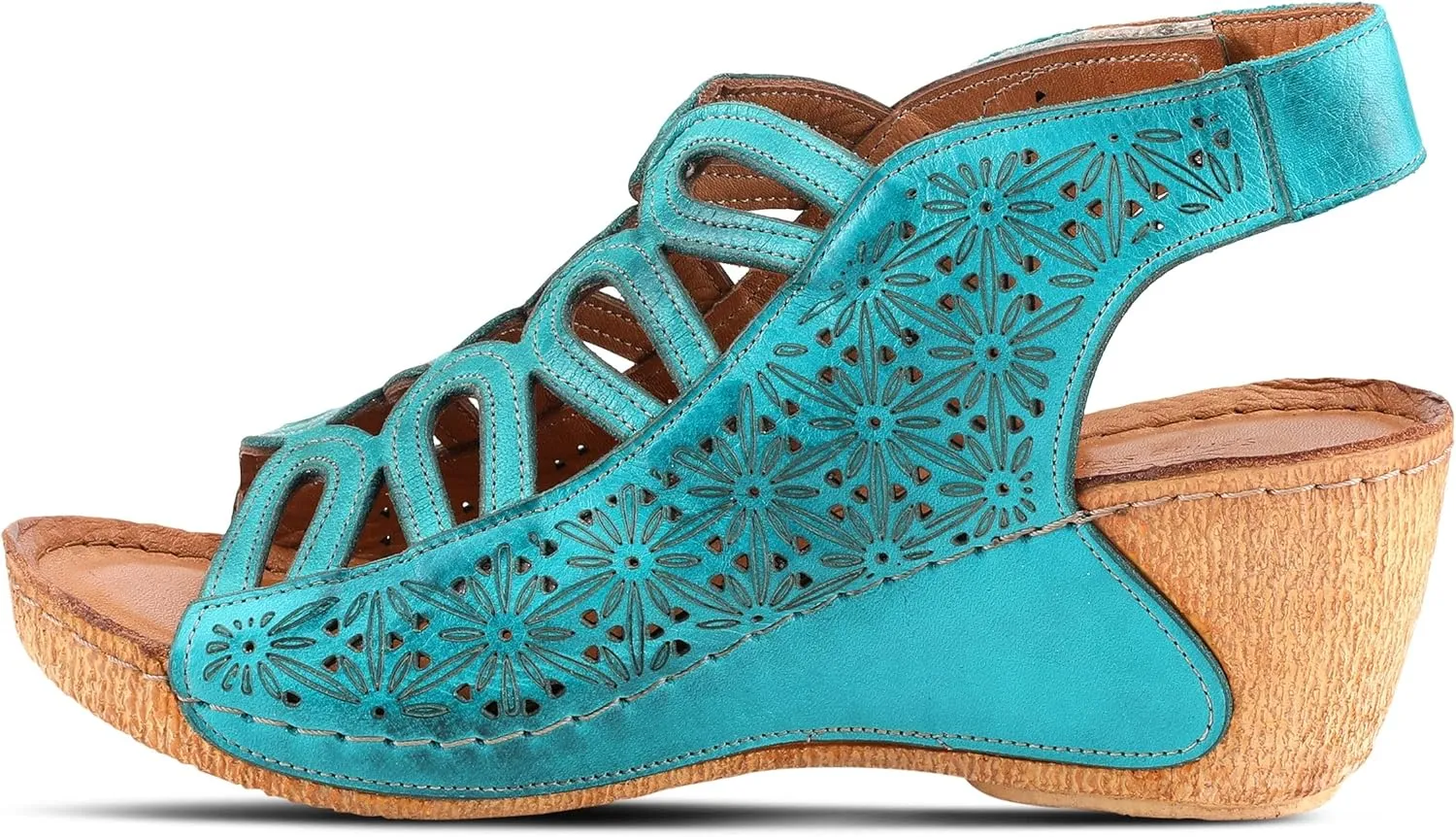 Spring Step Inocencia Women's Leather Wedge Sandals | Low Heel Sandals for Women with Floral Laser Cut Design, Hook and Loop Strap, Mediterranean Style