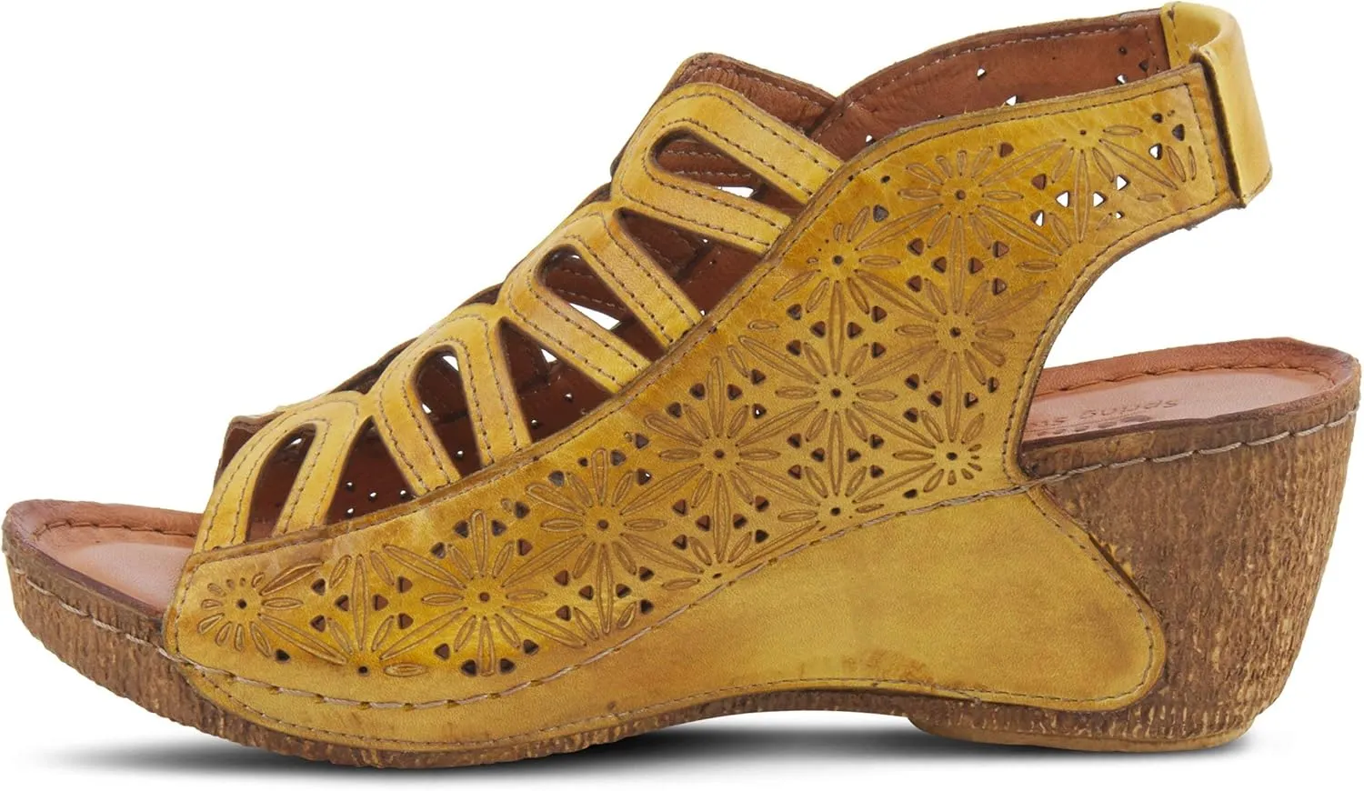 Spring Step Inocencia Women's Leather Wedge Sandals | Low Heel Sandals for Women with Floral Laser Cut Design, Hook and Loop Strap, Mediterranean Style