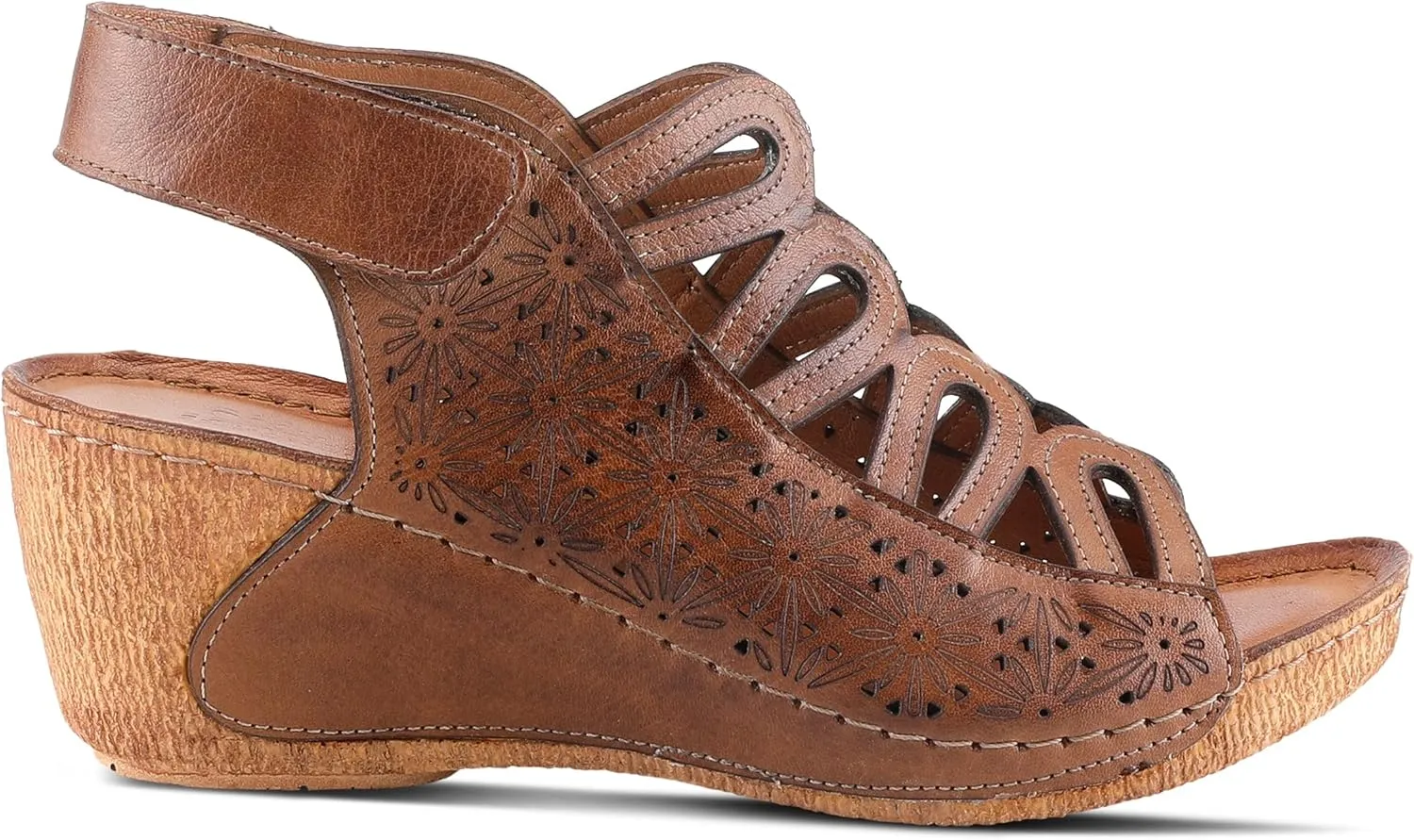 Spring Step Inocencia Women's Leather Wedge Sandals | Low Heel Sandals for Women with Floral Laser Cut Design, Hook and Loop Strap, Mediterranean Style