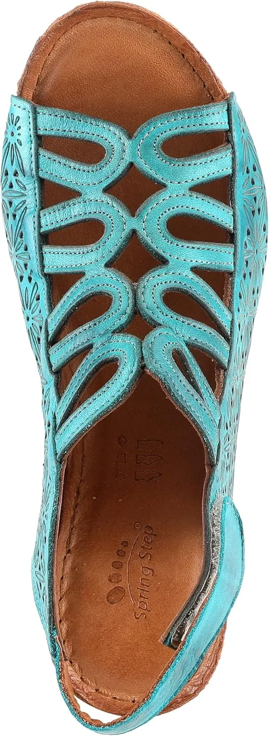 Spring Step Inocencia Women's Leather Wedge Sandals | Low Heel Sandals for Women with Floral Laser Cut Design, Hook and Loop Strap, Mediterranean Style