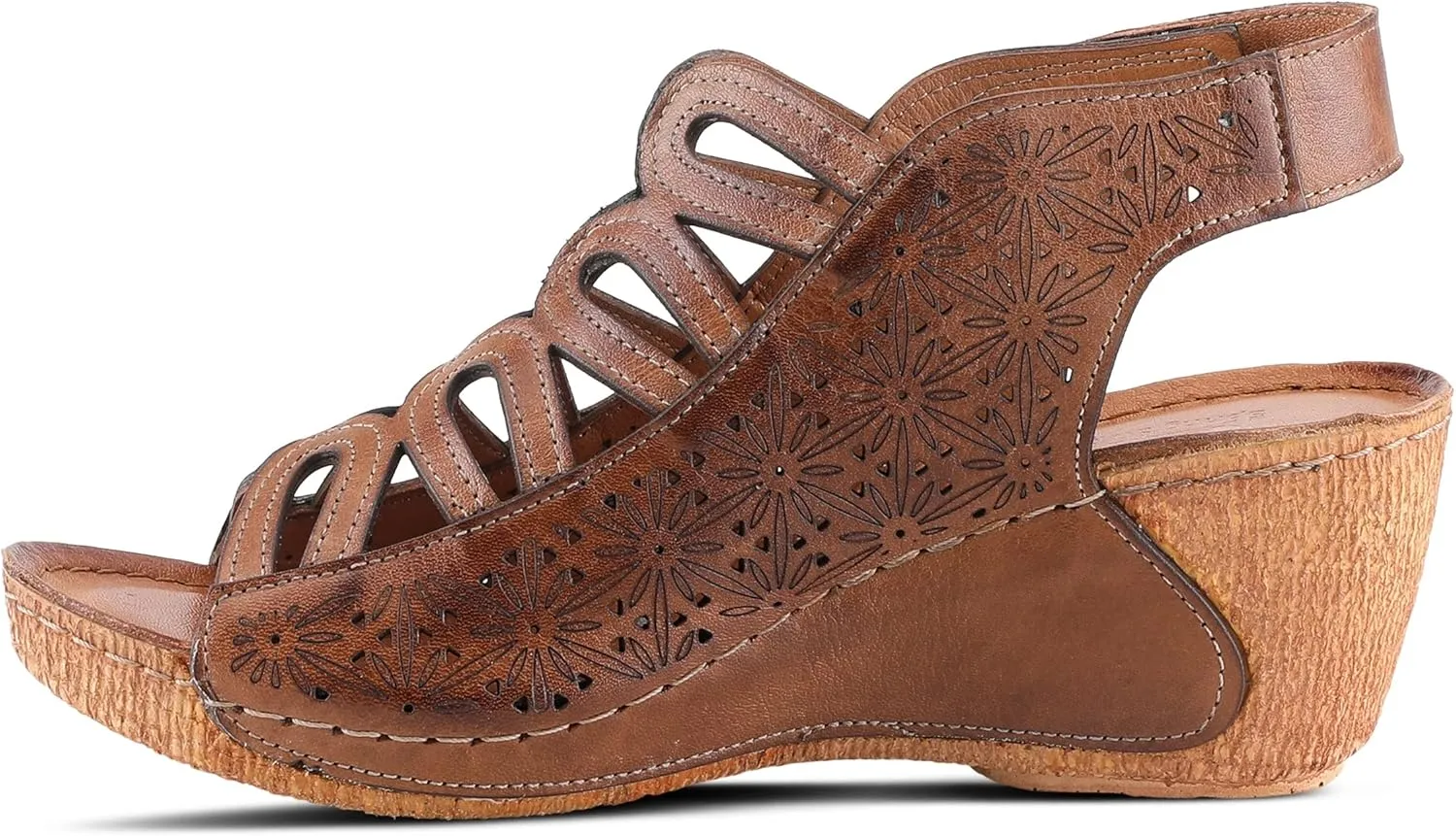 Spring Step Inocencia Women's Leather Wedge Sandals | Low Heel Sandals for Women with Floral Laser Cut Design, Hook and Loop Strap, Mediterranean Style