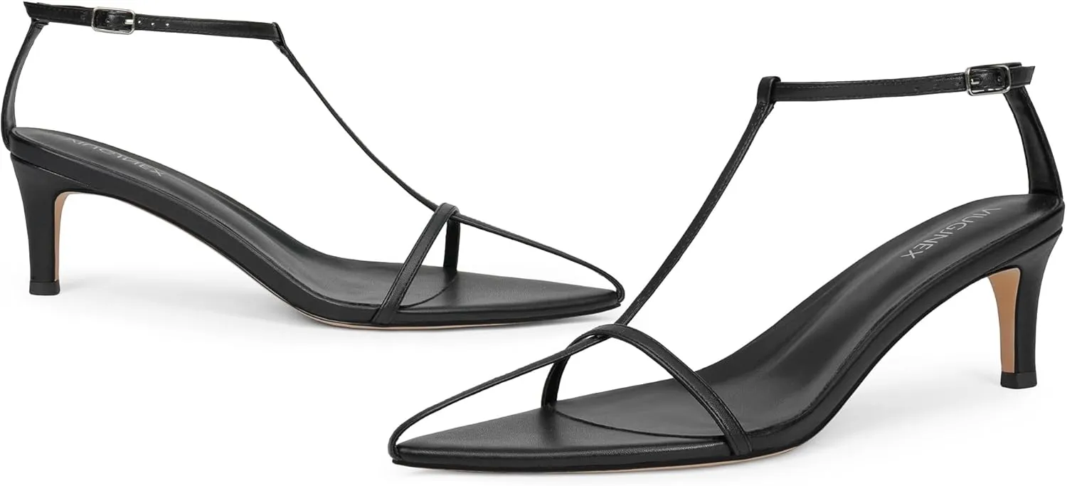 Strappy Heeled Sandals for Women with Open Pointed Toe, Interwoven T-Strap, Adjustable Ankle Strap, and Comfortable Low Kitten Heel