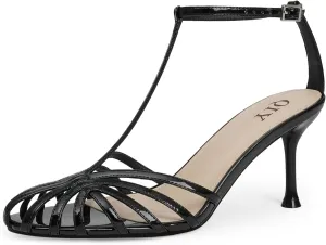 Strappy Heels for Women Cage Round Toe Heel Sandals Ankle T Strap Stiletto High Heels Dress Shoes