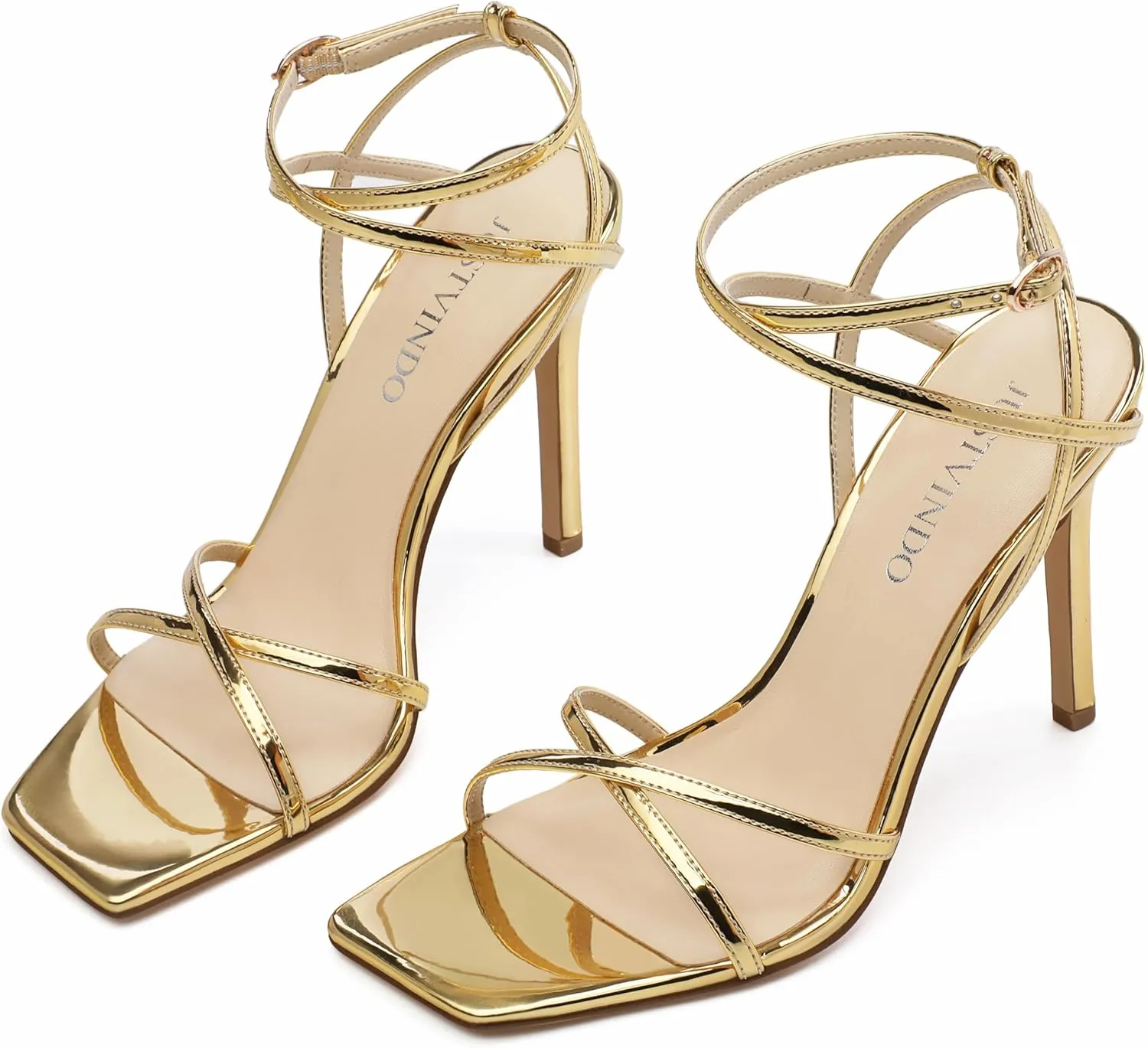 Strappy High Stiletto Heels, Ankle Strap Heeled Sandals for Women, Sexy Square Open Toe Heels for Wedding Party Dress