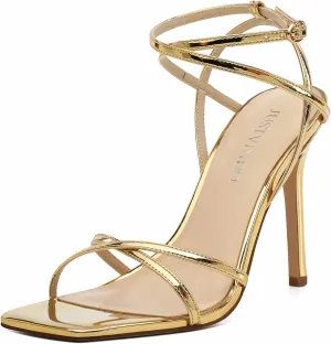 Strappy High Stiletto Heels, Ankle Strap Heeled Sandals for Women, Sexy Square Open Toe Heels for Wedding Party Dress