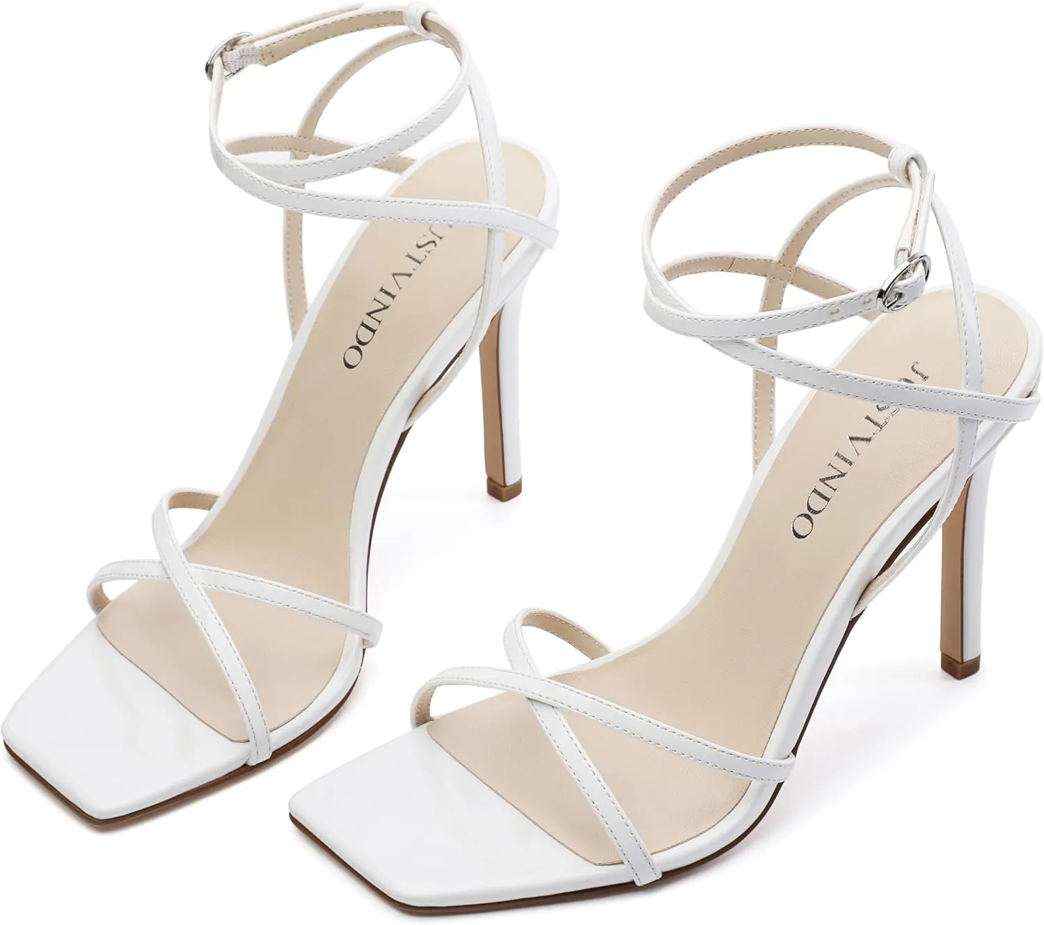 Strappy High Stiletto Heels, Ankle Strap Heeled Sandals for Women, Sexy Square Open Toe Heels for Wedding Party Dress