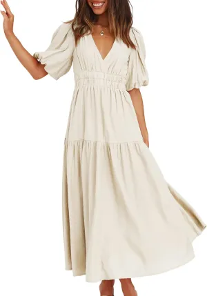 Summer 2025 Summer Deep V Neck Elegant Dresses for Women Casual Flowy Midi Dress Wedding Guest Dress S-XL