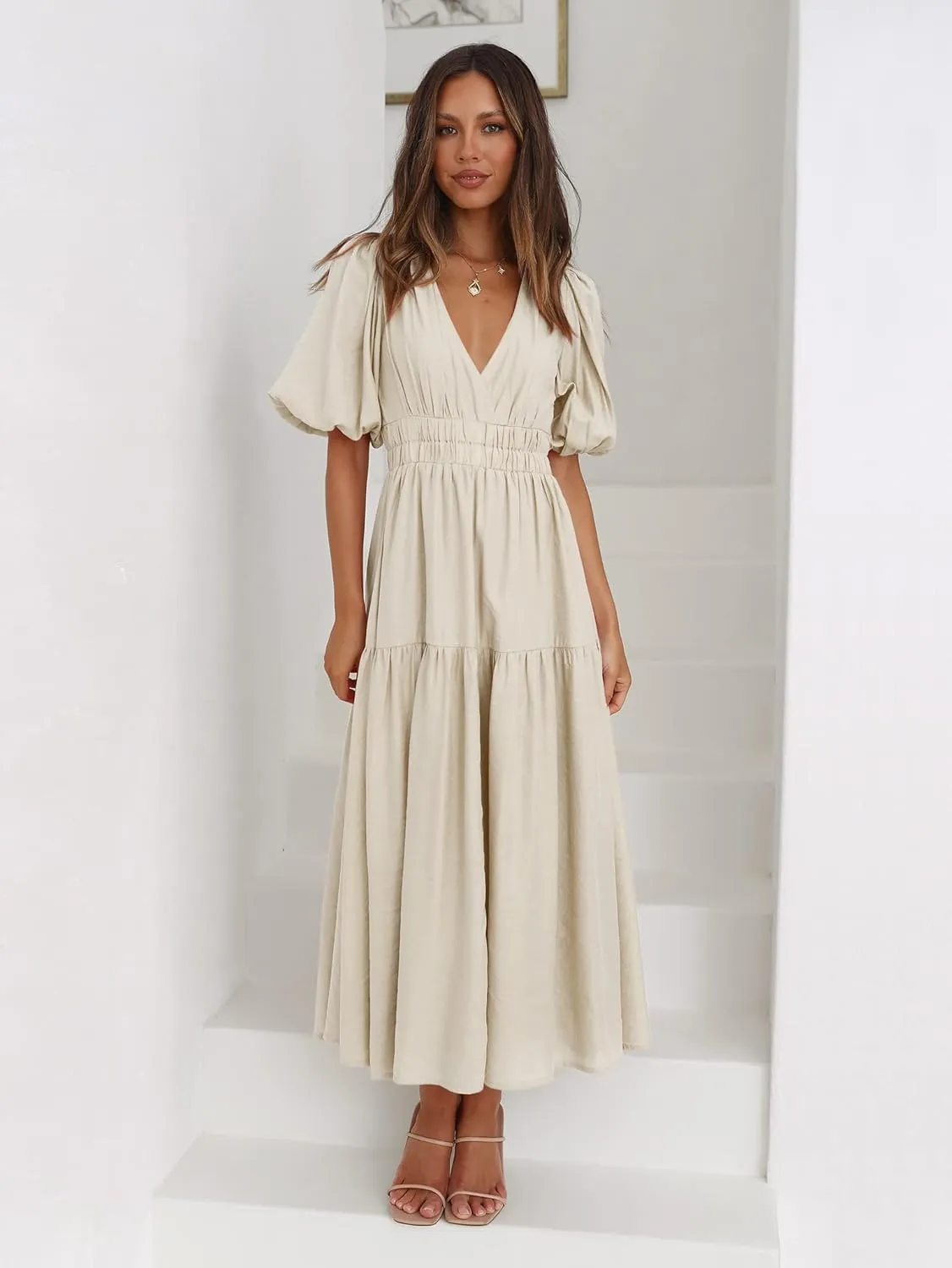 Summer 2025 Summer Deep V Neck Elegant Dresses for Women Casual Flowy Midi Dress Wedding Guest Dress S-XL
