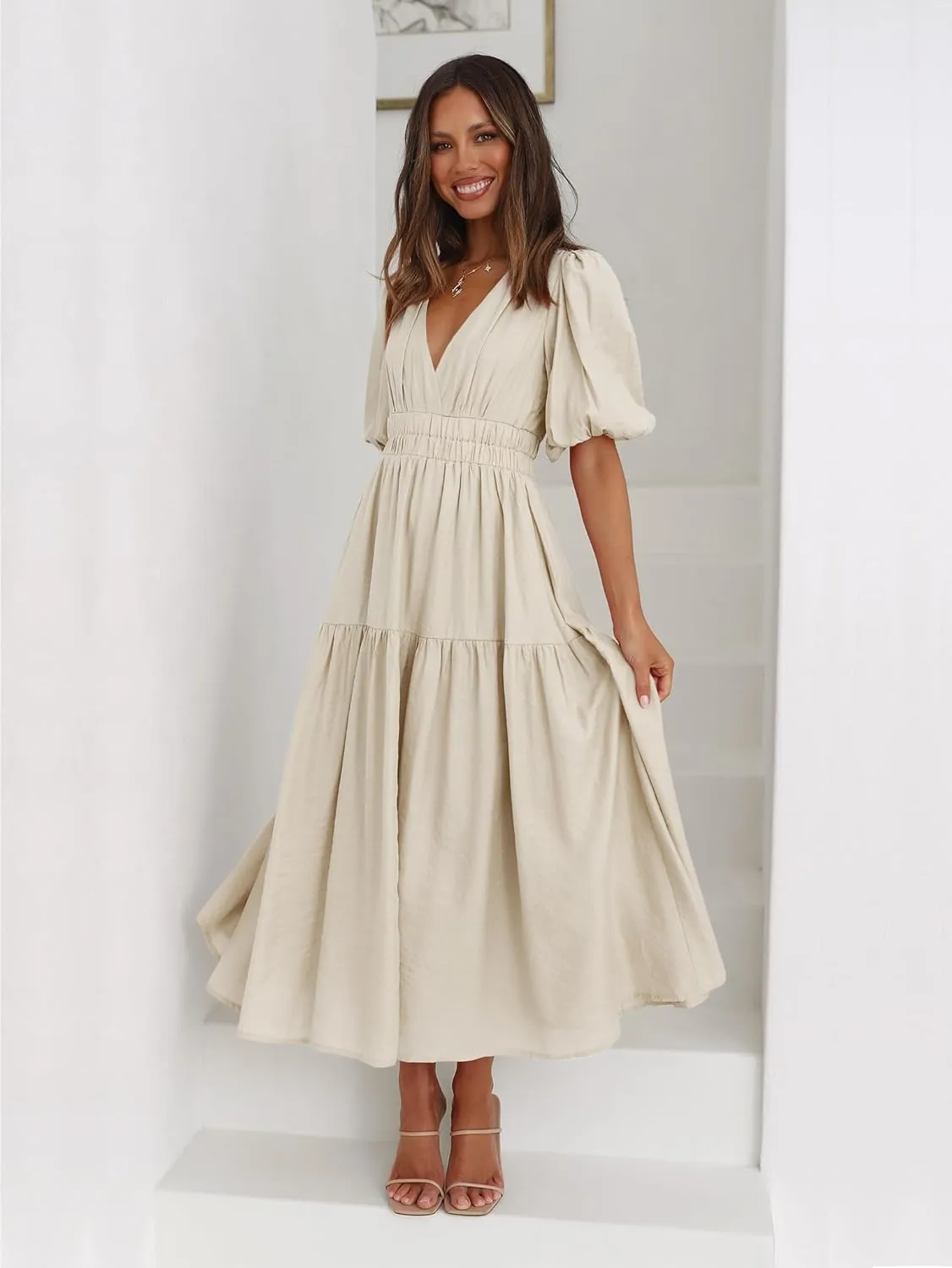 Summer 2025 Summer Deep V Neck Elegant Dresses for Women Casual Flowy Midi Dress Wedding Guest Dress S-XL