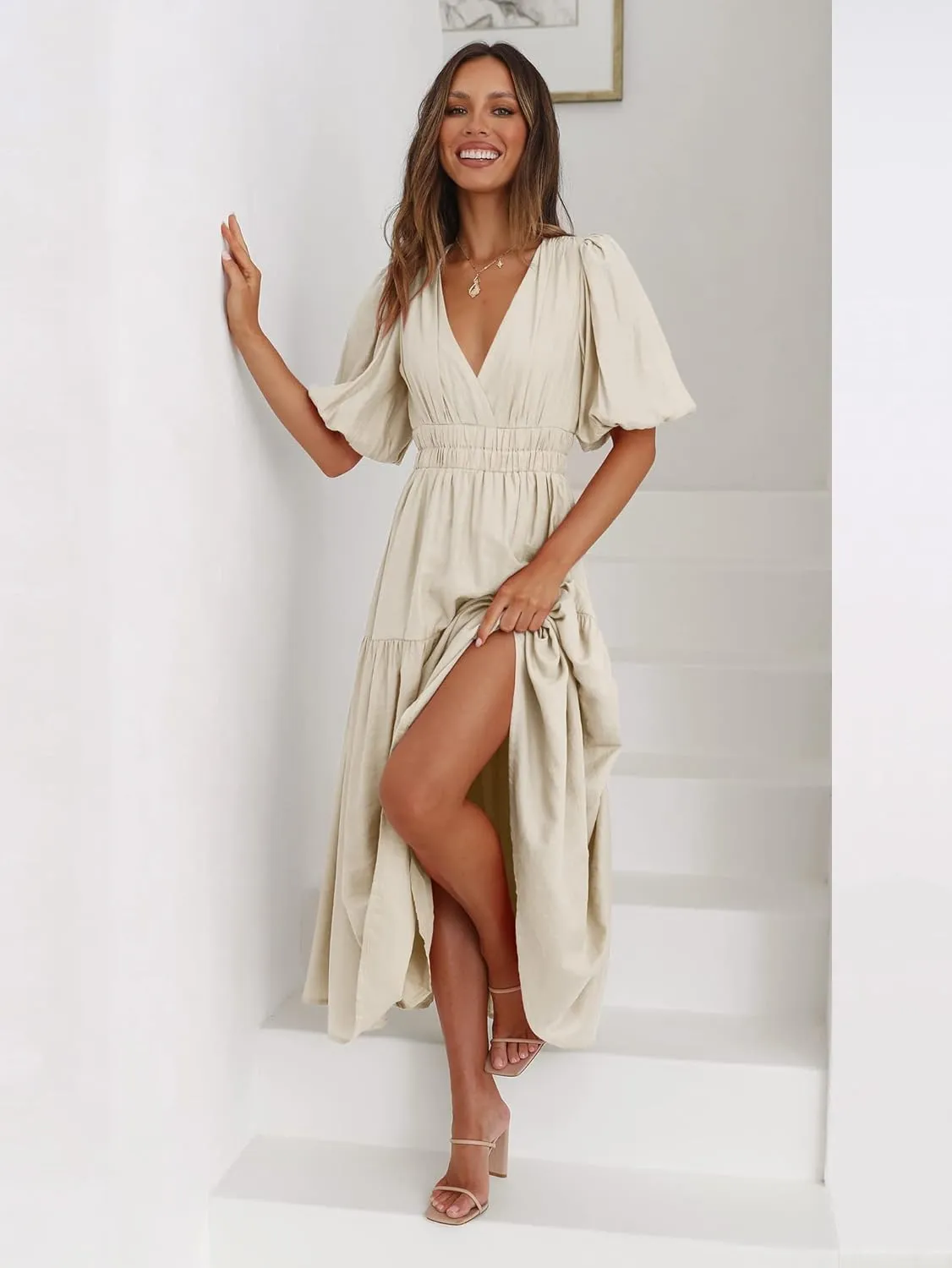 Summer 2025 Summer Deep V Neck Elegant Dresses for Women Casual Flowy Midi Dress Wedding Guest Dress S-XL