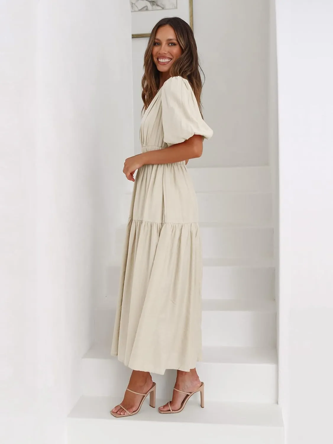 Summer 2025 Summer Deep V Neck Elegant Dresses for Women Casual Flowy Midi Dress Wedding Guest Dress S-XL