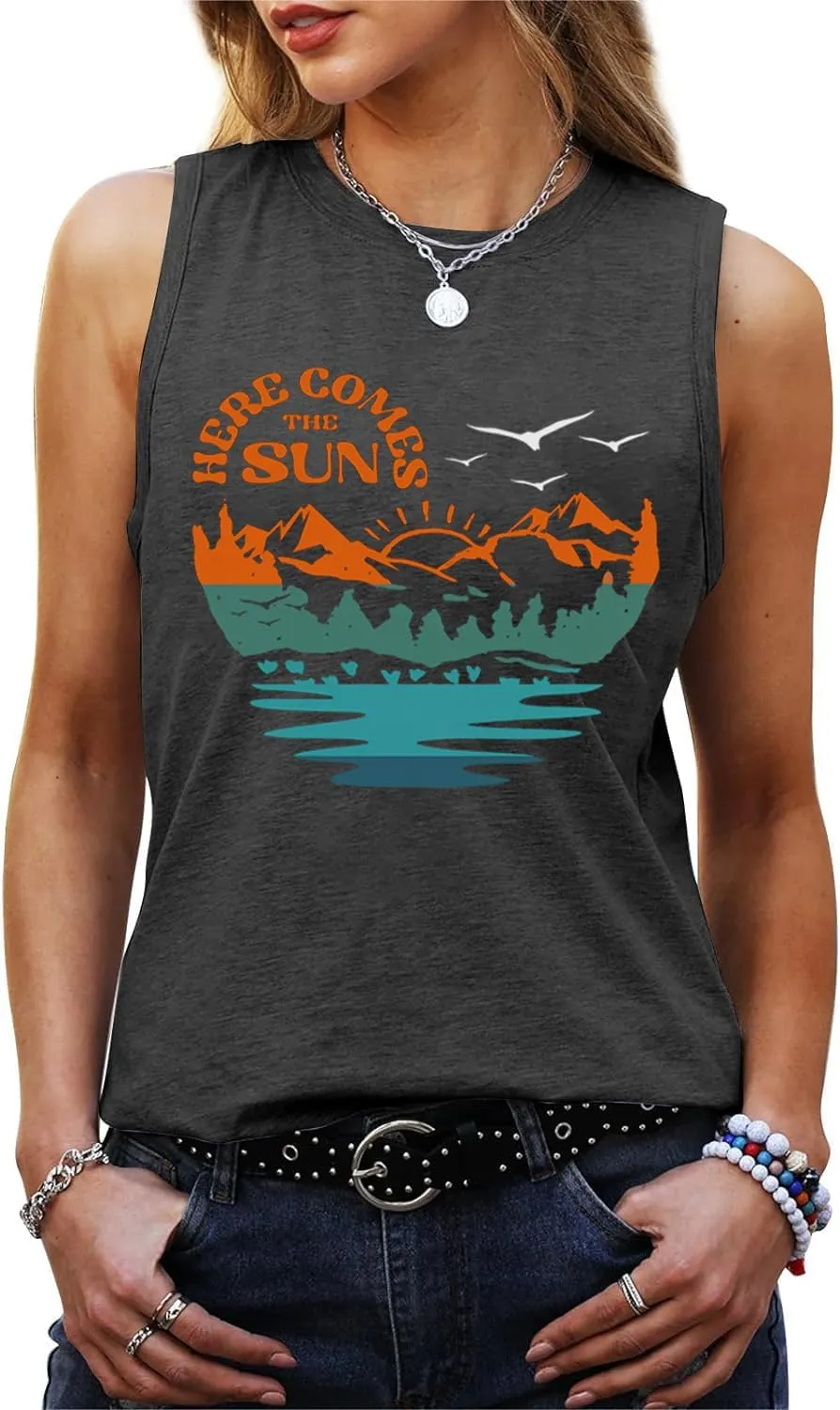 Summer Casual Funny Cute Tank Tops for Women Hiking Mountain Adventure Beach Vacation Letter Pint Graphic Tee Shirt