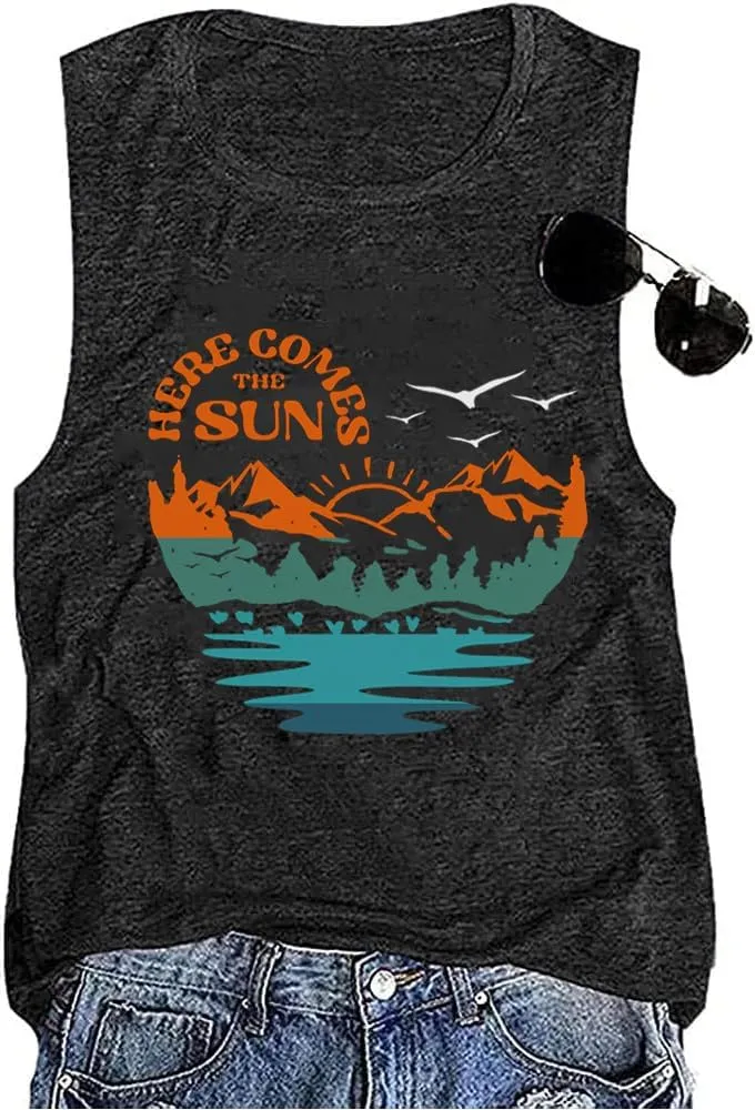 Summer Casual Funny Cute Tank Tops for Women Hiking Mountain Adventure Beach Vacation Letter Pint Graphic Tee Shirt