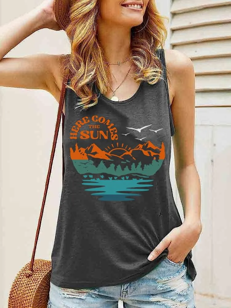 Summer Casual Funny Cute Tank Tops for Women Hiking Mountain Adventure Beach Vacation Letter Pint Graphic Tee Shirt