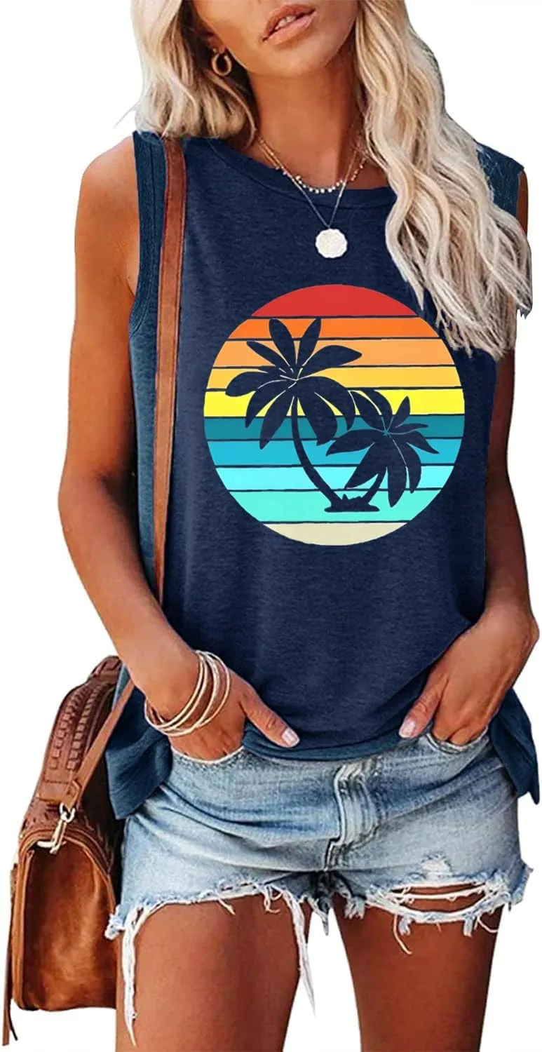 Summer Casual Funny Cute Tank Tops for Women Hiking Mountain Adventure Beach Vacation Letter Pint Graphic Tee Shirt