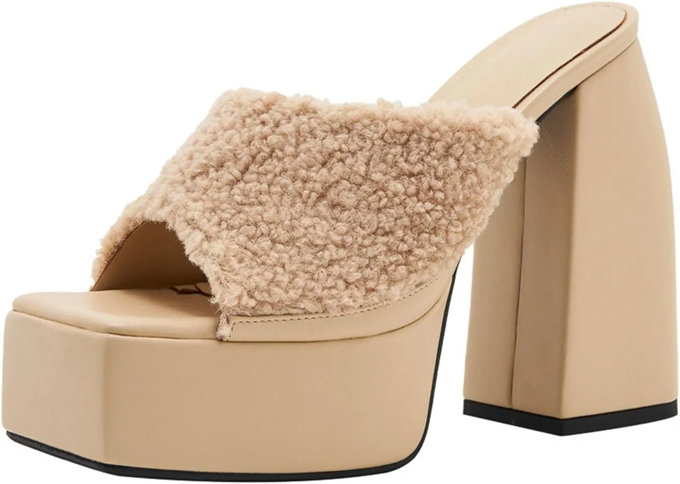 Summer Square Toe Thick Heel High Heels Women's One-line Flannel Slippers Large Size Detachable Sandals