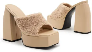 Summer Square Toe Thick Heel High Heels Women's One-line Flannel Slippers Large Size Detachable Sandals