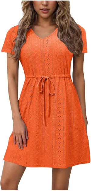 Sundresses for Women 2025 Beach Vacation Cover Ups Eyelet Tshirt Dress Casual V-Neck Drawstring Slit Flowy Mini Dress