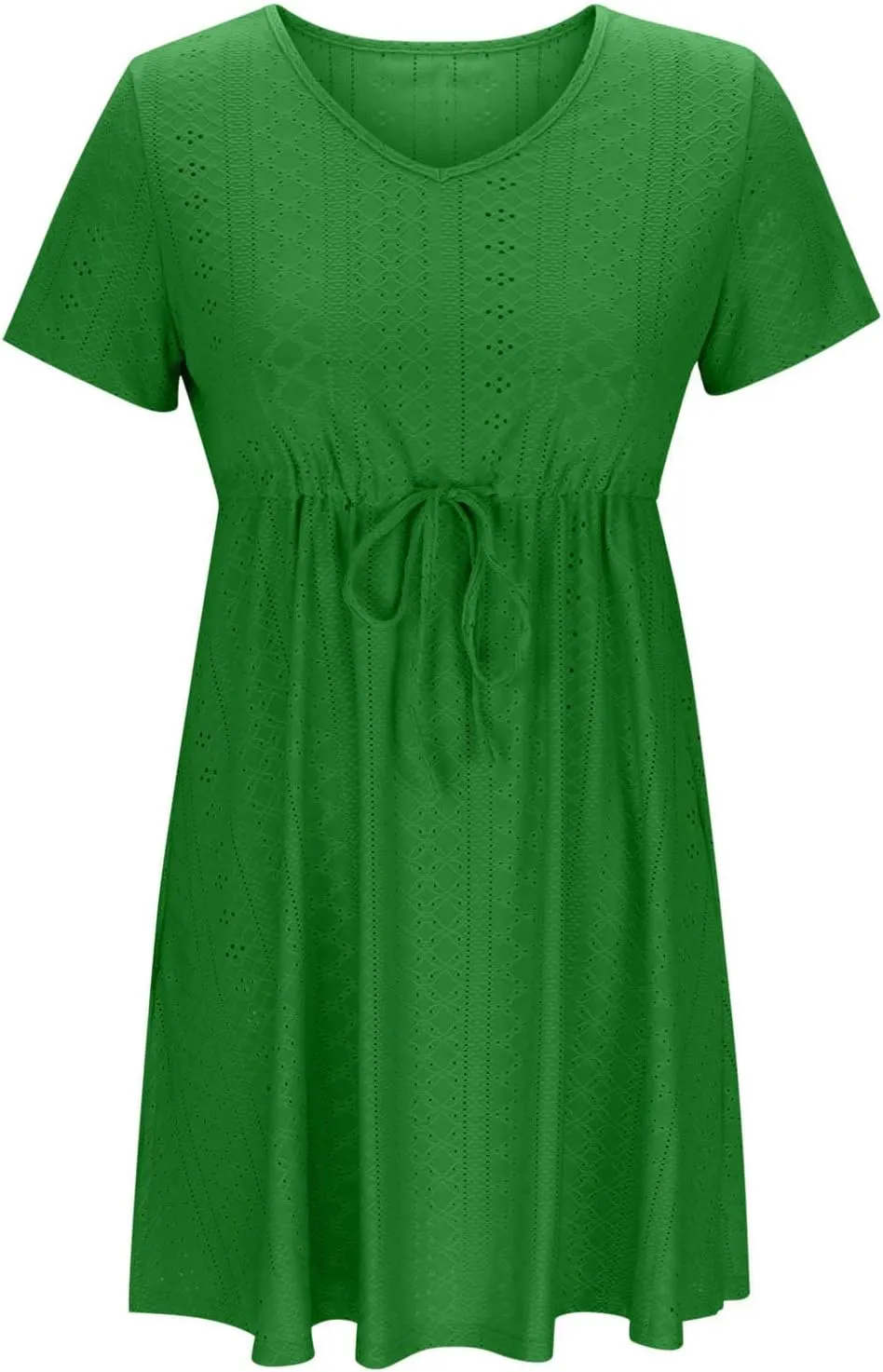 Sundresses for Women 2025 Beach Vacation Cover Ups Eyelet Tshirt Dress Casual V-Neck Drawstring Slit Flowy Mini Dress