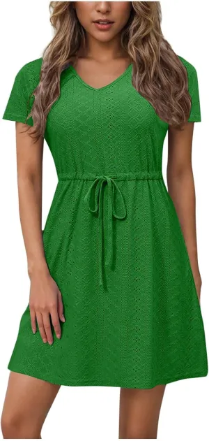 Sundresses for Women 2025 Beach Vacation Cover Ups Eyelet Tshirt Dress Casual V-Neck Drawstring Slit Flowy Mini Dress