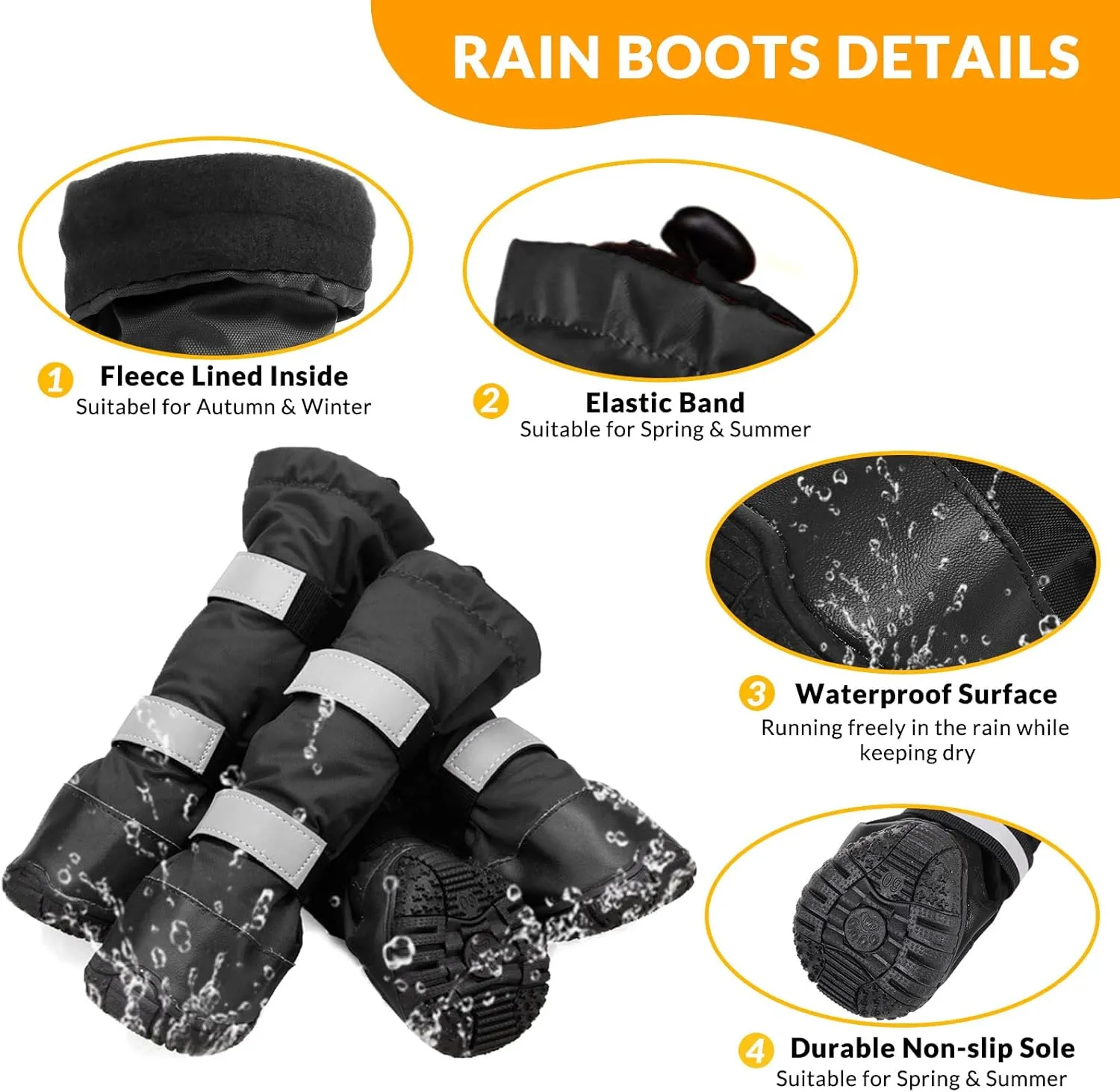 SUNFURA Dog Rain Boots with Warm Fleece, Waterproof and Skid-Proof Medium Large Dog Shoes with Reflective Straps and Rugged Sole, Pet Snow Booties Winter Paw Protector for Outdoor Running Hiking