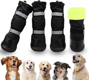 SUNFURA Dog Rain Boots with Warm Fleece, Waterproof and Skid-Proof Medium Large Dog Shoes with Reflective Straps and Rugged Sole, Pet Snow Booties Winter Paw Protector for Outdoor Running Hiking