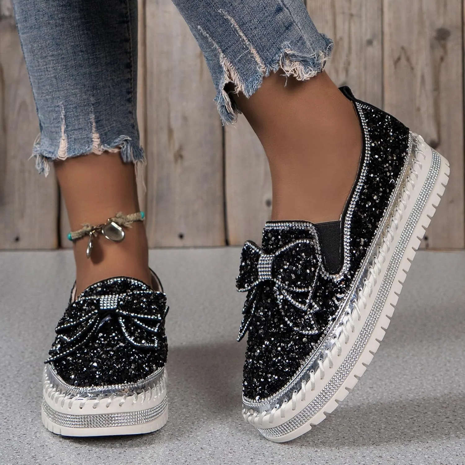 Thick Soft Platform Loafers for Women Sparkly Rhinestone Bow Decoration Single Shoes Elegant Banquet Casual Shoes Canvas