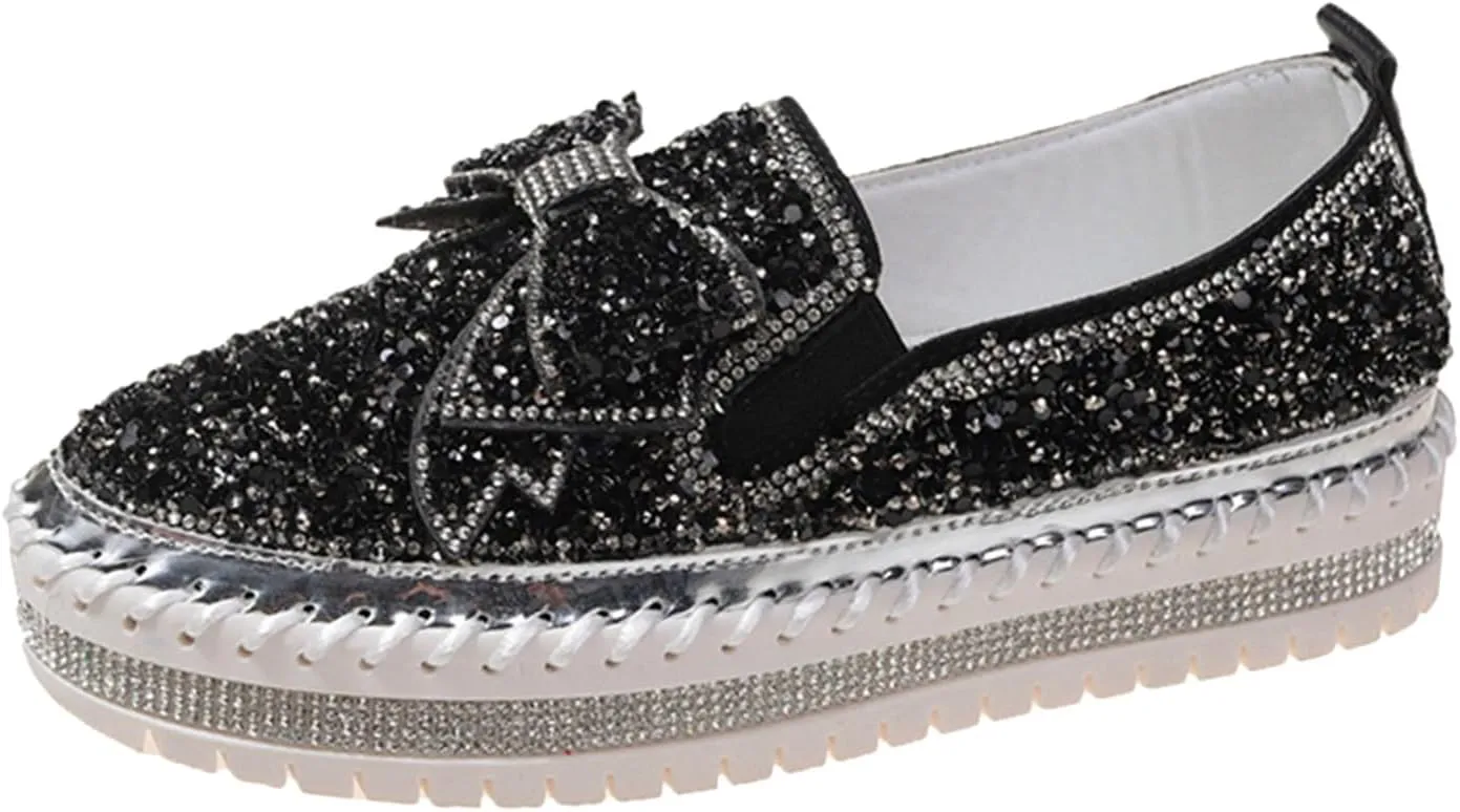 Thick Soft Platform Loafers for Women Sparkly Rhinestone Bow Decoration Single Shoes Elegant Banquet Casual Shoes Canvas