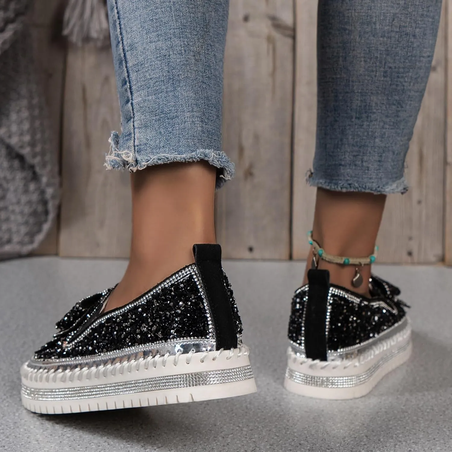 Thick Soft Platform Loafers for Women Sparkly Rhinestone Bow Decoration Single Shoes Elegant Banquet Casual Shoes Canvas