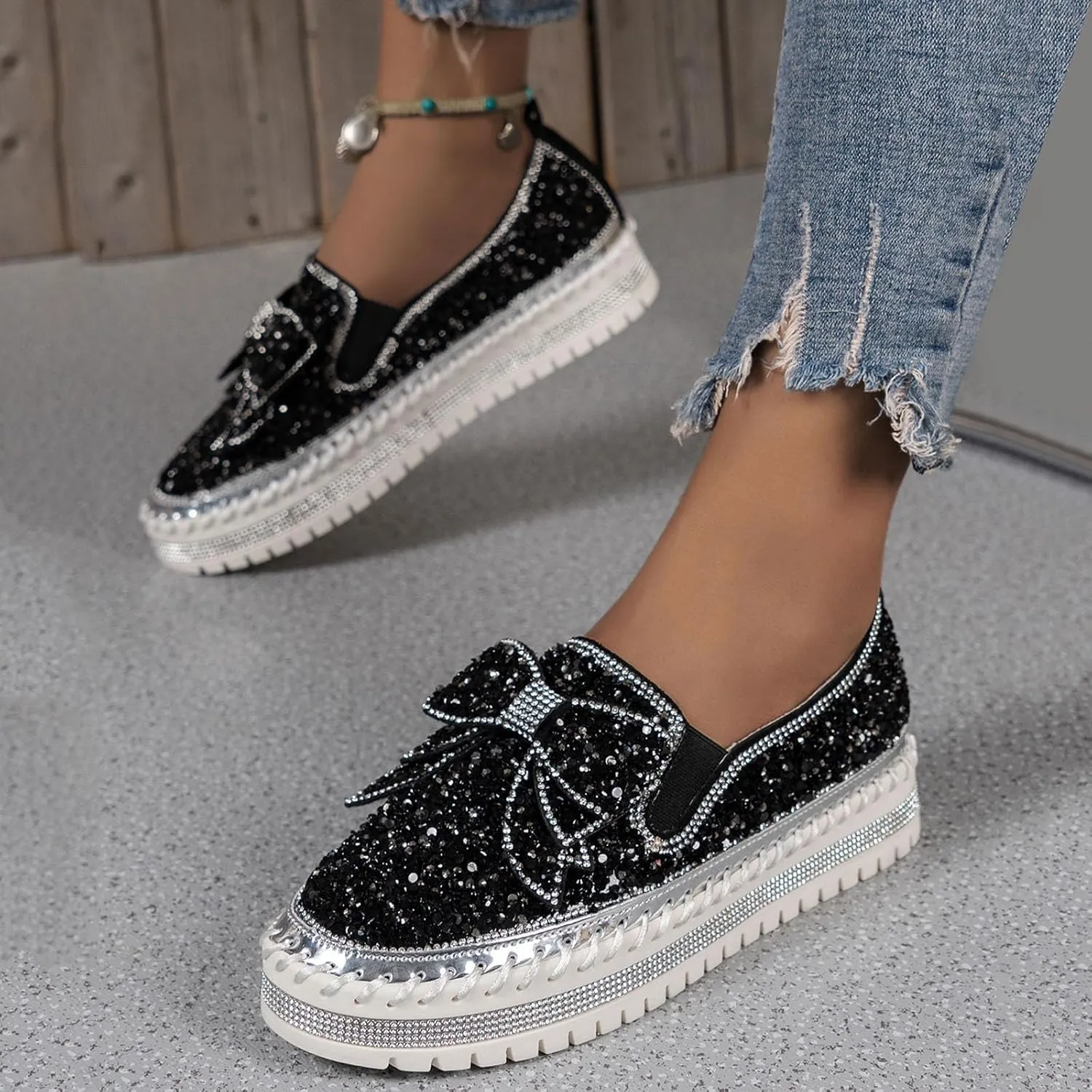 Thick Soft Platform Loafers for Women Sparkly Rhinestone Bow Decoration Single Shoes Elegant Banquet Casual Shoes Canvas