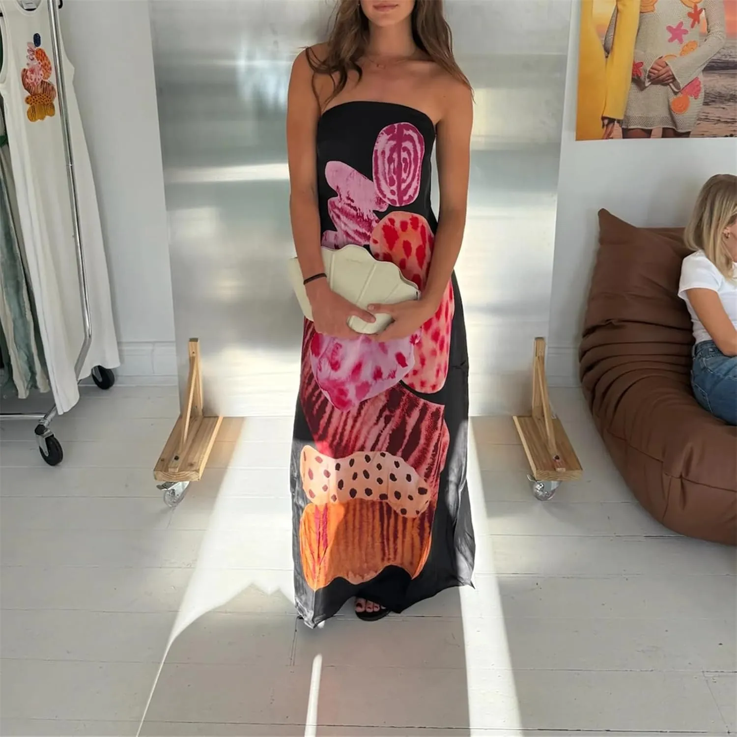 Thopavenoir Women's Strapless Floral Print Maxi Dress Chiffon Layered Tiered Tube Dresses Boho Baggy Swing Beach Sundresses
