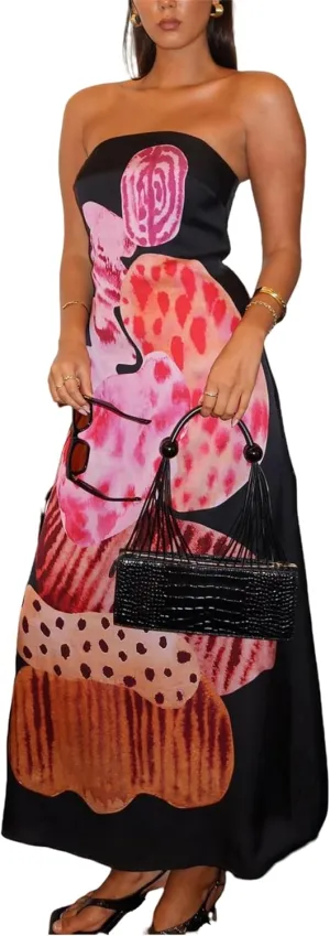 Thopavenoir Women's Strapless Floral Print Maxi Dress Chiffon Layered Tiered Tube Dresses Boho Baggy Swing Beach Sundresses