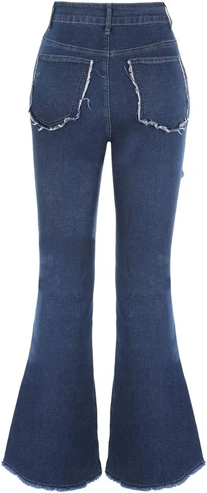 THUNDER STAR Women Patchwork Flare Jeans Stretch High Waisted Bell Bottom Raw Hem Denim Pants