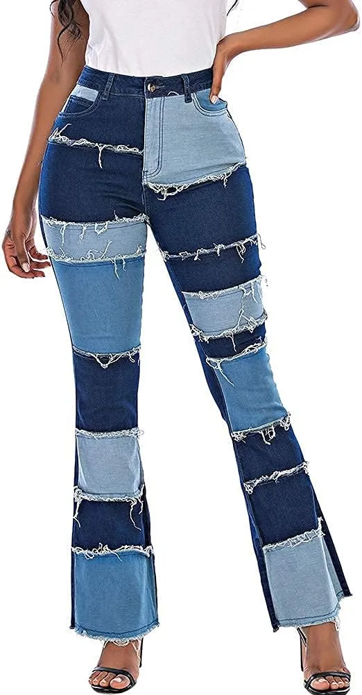 THUNDER STAR Women Patchwork Flare Jeans Stretch High Waisted Bell Bottom Raw Hem Denim Pants