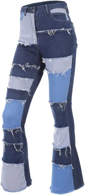 THUNDER STAR Women Patchwork Flare Jeans Stretch High Waisted Bell Bottom Raw Hem Denim Pants