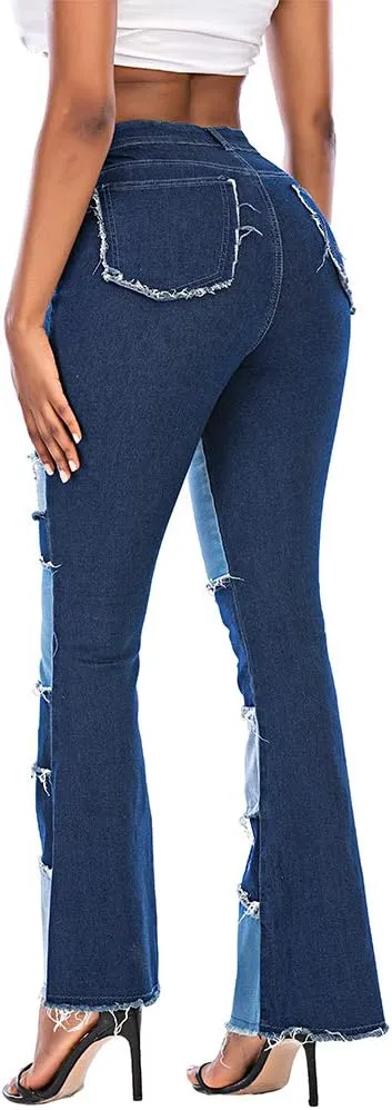 THUNDER STAR Women Patchwork Flare Jeans Stretch High Waisted Bell Bottom Raw Hem Denim Pants