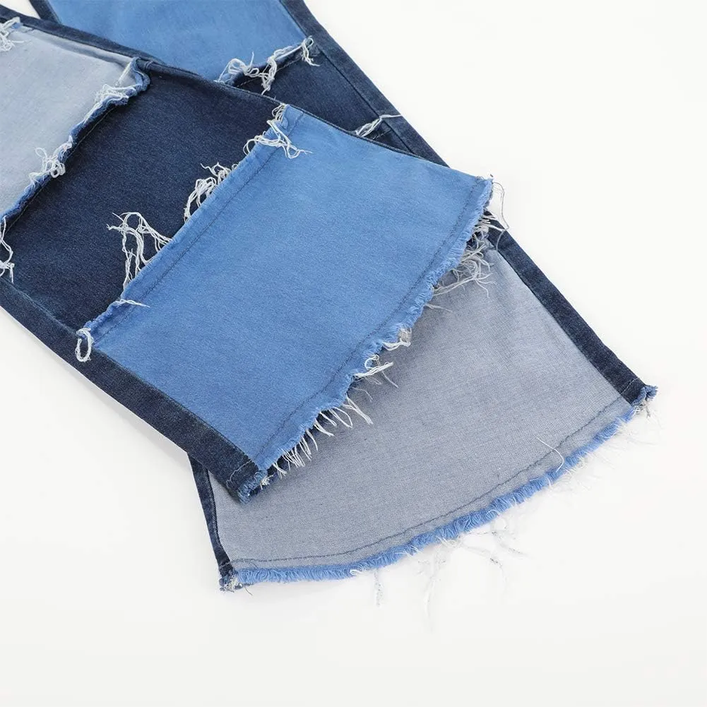 THUNDER STAR Women Patchwork Flare Jeans Stretch High Waisted Bell Bottom Raw Hem Denim Pants