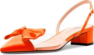 TNYNFBEB Women Chunky Block Mid Heel Pointed Toe Sandals Ankle Strap Slingback Buckle Bow-knot Party Cute 2.0 Inches Heels