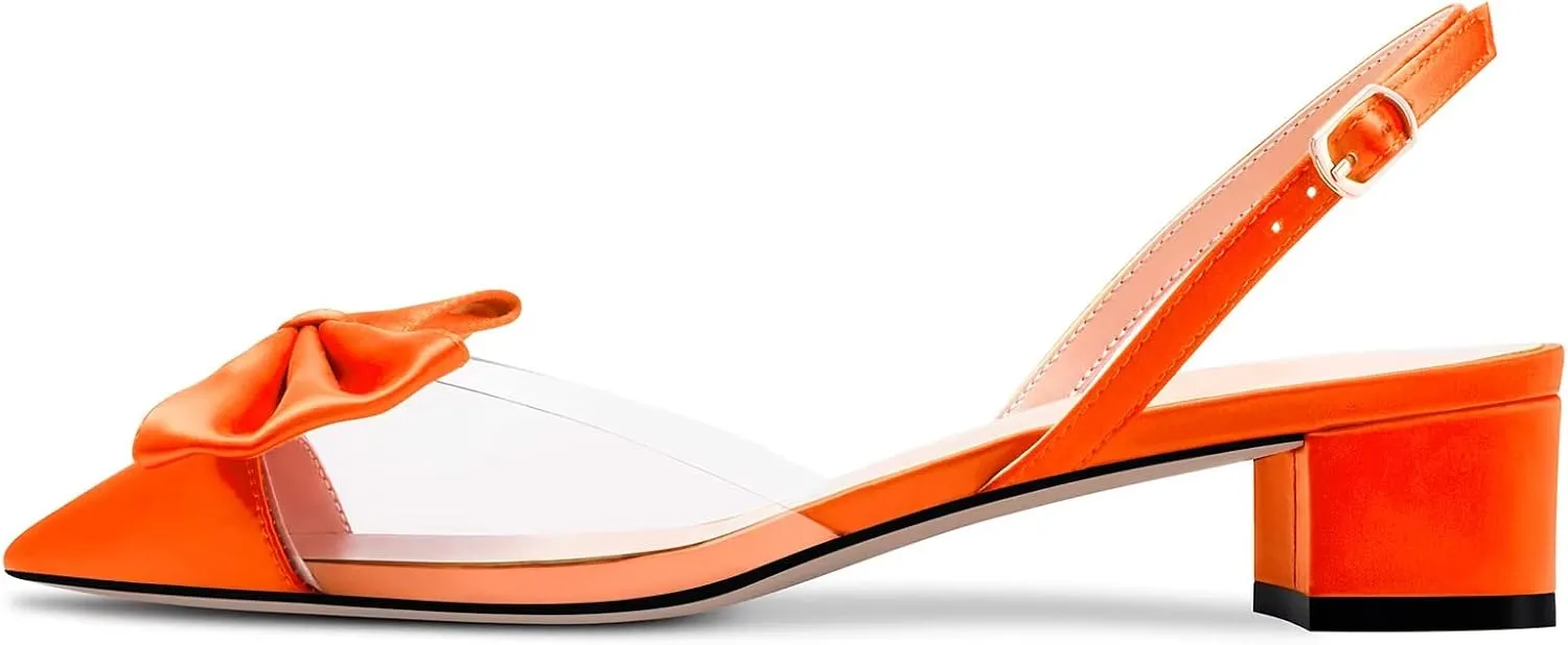 TNYNFBEB Women Chunky Block Mid Heel Pointed Toe Sandals Ankle Strap Slingback Buckle Bow-knot Party Cute 2.0 Inches Heels