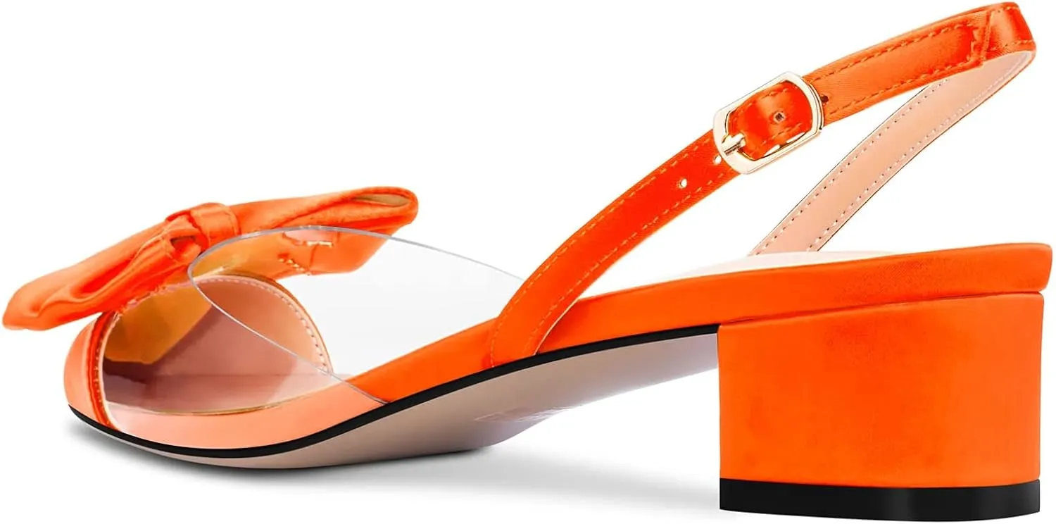 TNYNFBEB Women Chunky Block Mid Heel Pointed Toe Sandals Ankle Strap Slingback Buckle Bow-knot Party Cute 2.0 Inches Heels