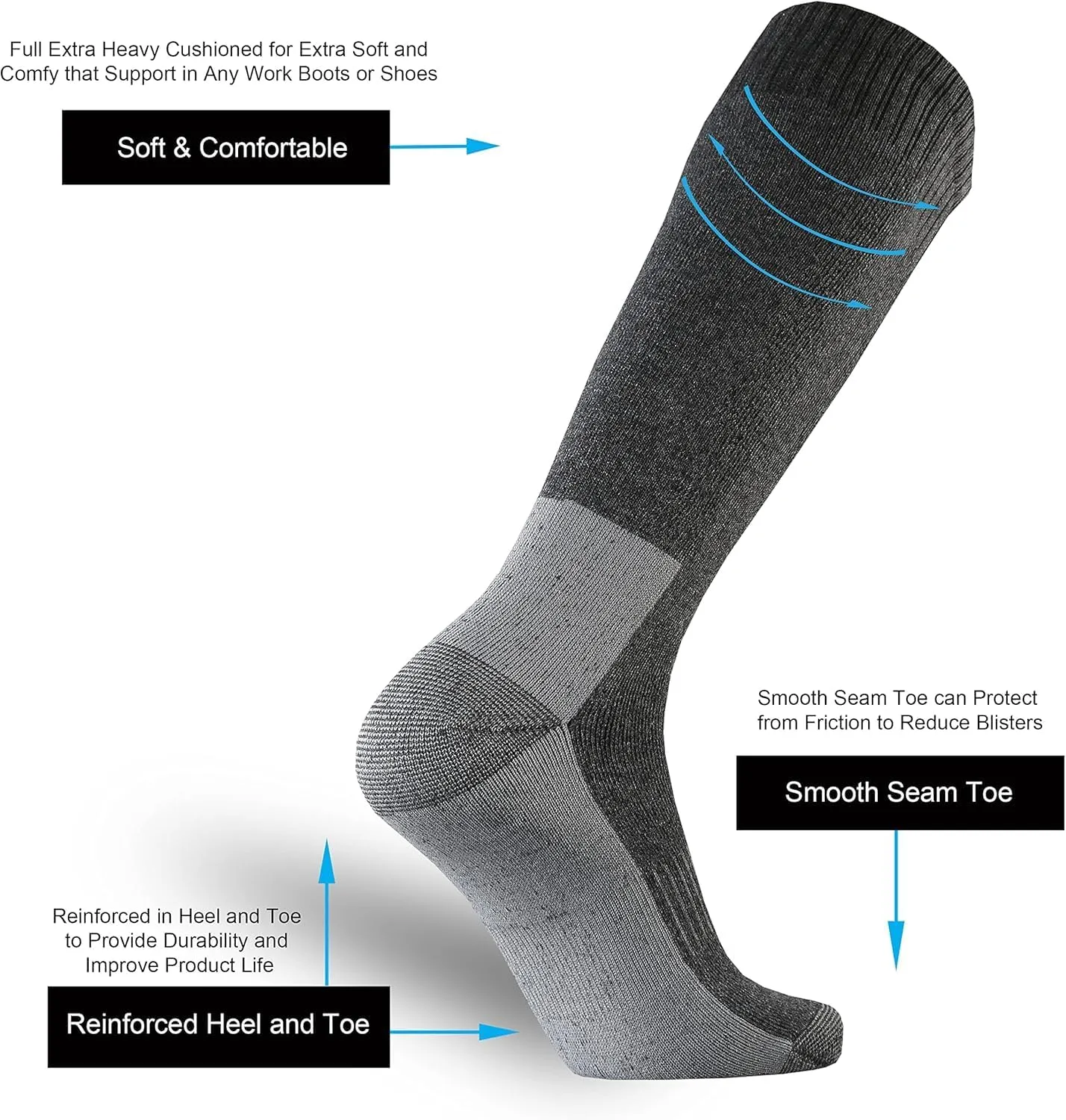 ToeSoleHeel Men Cotton Cushion Mid-Calf Socks OTC Knee High Steel Toe Western Work Boots Thermal Warm All Seasons
