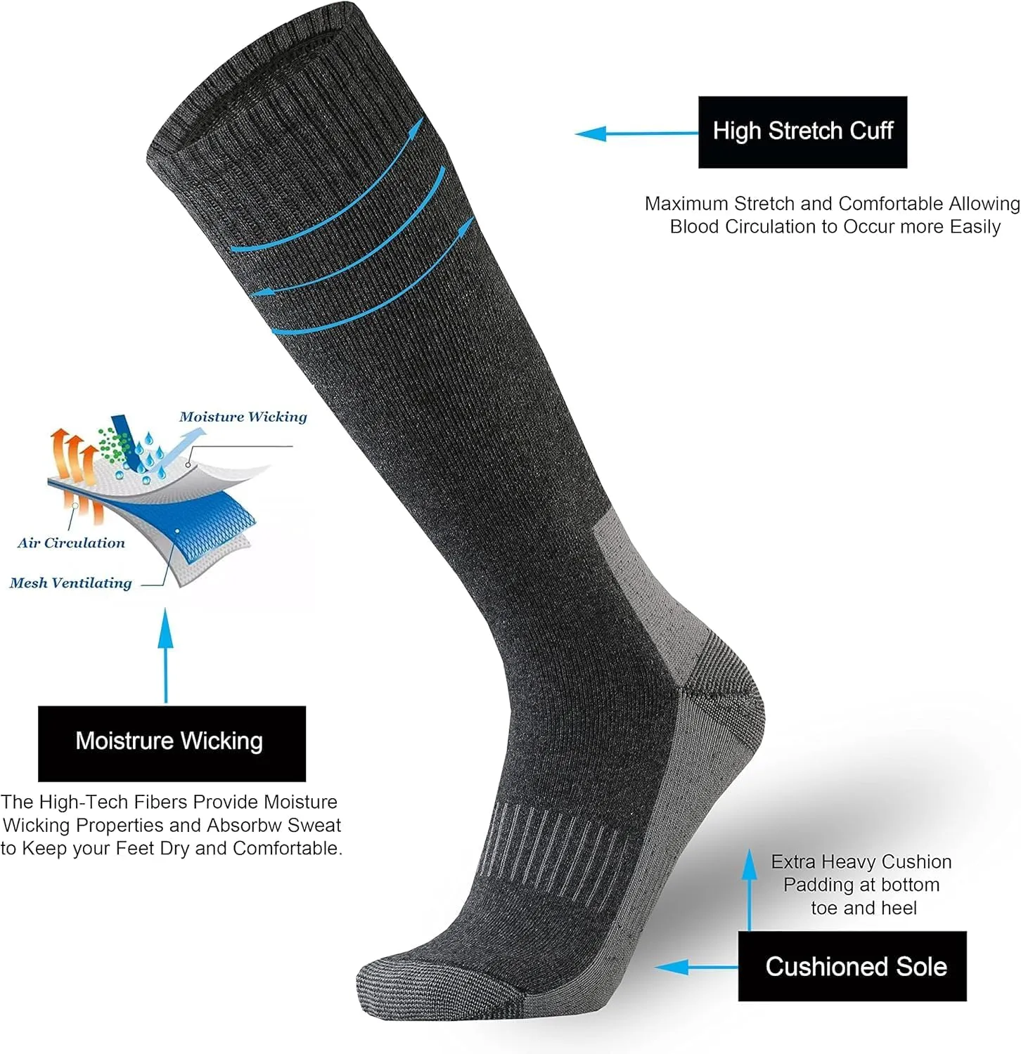 ToeSoleHeel Men Cotton Cushion Mid-Calf Socks OTC Knee High Steel Toe Western Work Boots Thermal Warm All Seasons