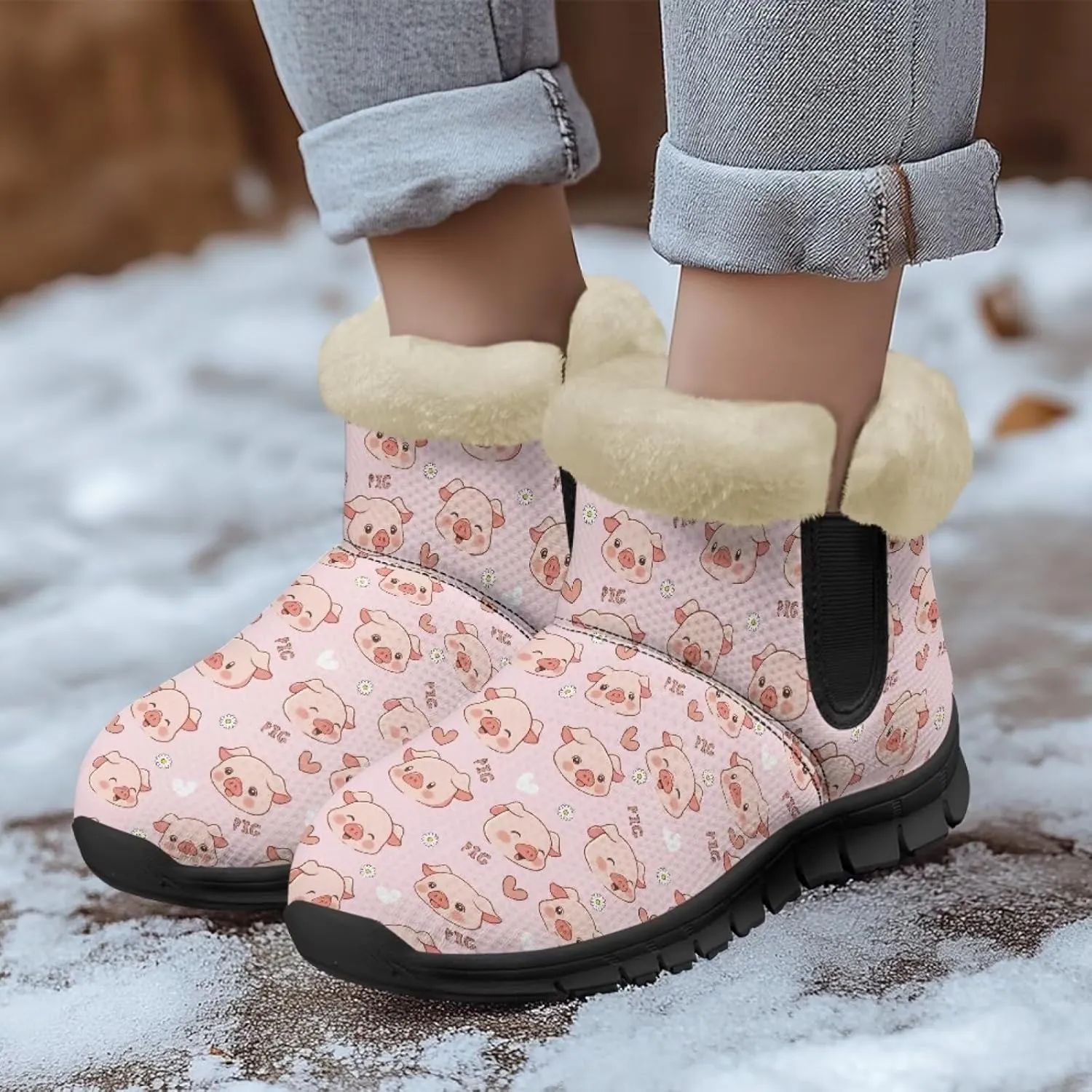UNICEU Winter Boots for Women Warm Faux Fur Lined Snow Boots Casual Walking Shoes Flat Slip-on Booties Outdoor Shoes