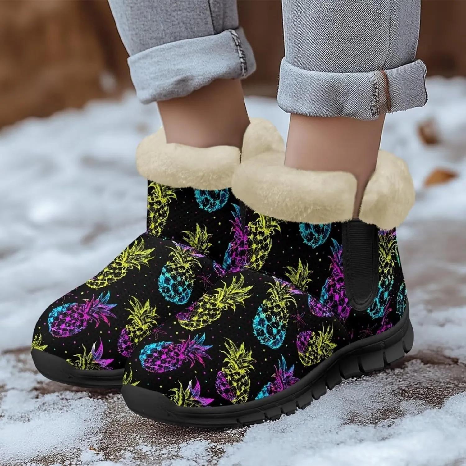UNICEU Womens Winter Boots Lightweight Faux Fur Lined Booties Warm Snow Boots Flat Slip-on Shoes for Outdoor Walking